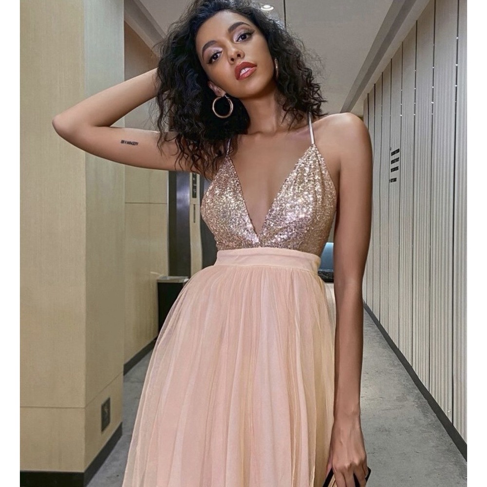 Area Rose Gold Sequin Tulle Mini Dress Peach Pink Size L Pageant Party Fit A4-31